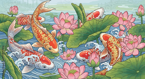 Elegant koi fish gracefully dancing among blooming lotus flowers in a tranquil pond illustration