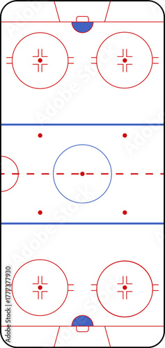 Hockey rink. Hockey field. International Ice Hockey Rinks standard Dimensions and Sizes. Field hockey pitch top view illustration. Field hockey Size and Dimension Drawing Illustration.