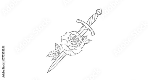 Elegant contrast of a delicate rose with a sharp sword, creating a visual tension illustration