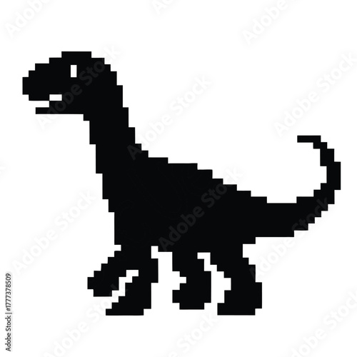 Pixelated Black Dinosaur Walking on White Background