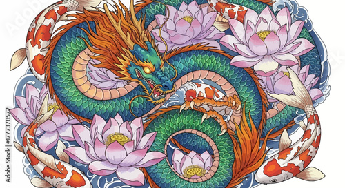 Mythical oriental dragon intertwined with koi fish and lotus flowers symbolising harmony
