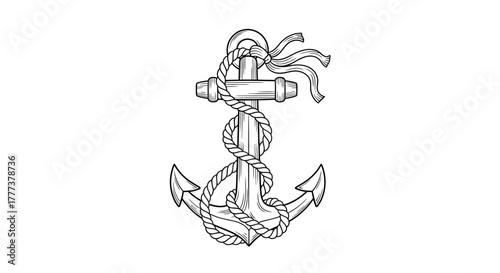Detailed illustration of an anchor wrapped with a rope, showcasing nautical themes and vintage style