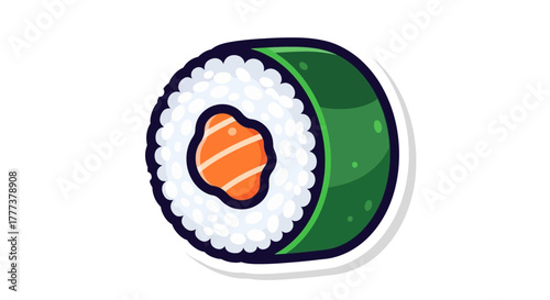 Delightful cartoon illustration of a sushi roll featuring vibrant salmon filling
