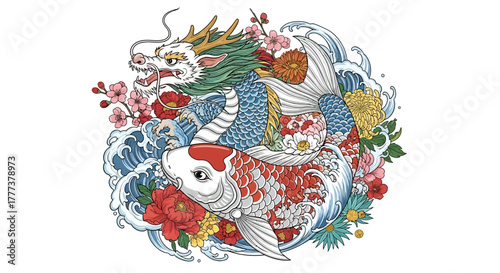 Mythical fusion dragon and koi in dynamic ocean floral interplay artistry illustration