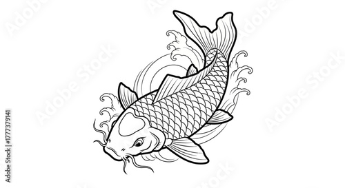 Detailed Line Art Depicting a Koi Fish with Water Patterns, Suitable for Tattoo Design