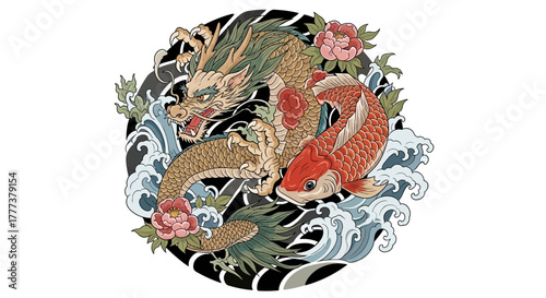 Intricate illustration of dragon and koi fish entangled amid stylized waves and floral accents