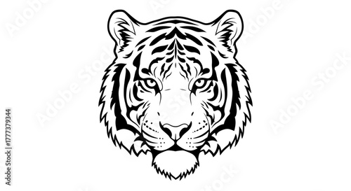 Striking monochrome illustration of a bengal tiger head with intricate detailing and pattern