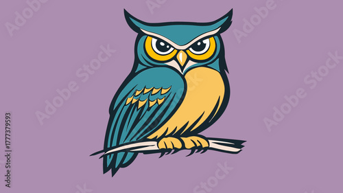 Cartoon Style Colorful Detailed Owl Illustration on Branch Wildlife Art