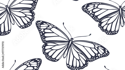 Seamless pattern featuring black and white outlined butterflies scattered on a white background surface created with generated ai