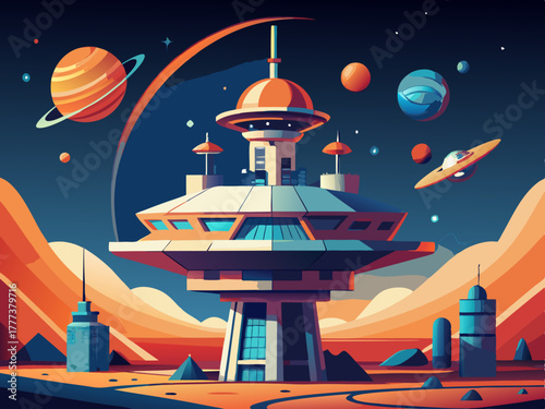 colorful illustration of a space station