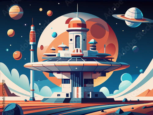 colorful illustration of a space station