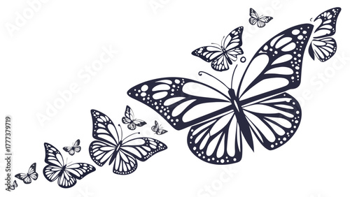 Black and white illustration of a group of butterflies in various sizes on a white background art design created with generated ai