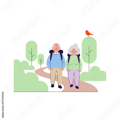 Elderly couple walking on scenic hiking trail surrounded by trees  