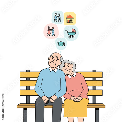Elderly couple sitting on bench reminiscing about life together  