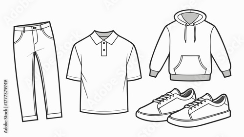 Illustration of a pair of jeans, a polo shirt, a hoodie, and a pair of sneakers in black and white created with generated ai