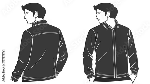 Illustration showing two men wearing long sleeved shirts looking over their shoulders in monochrome style created with generated ai