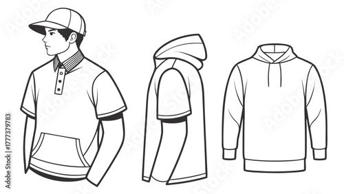 Illustration of a man wearing a polo shirt with a cap and two hoodie outlines in black and white style created with generated ai
