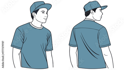 Illustration of a man wearing a cap and t shirt in front and back views with simple line art created with generated ai