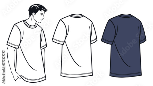 Illustration of a man wearing a t shirt and two t shirt back views in white and dark blue color created with generated ai