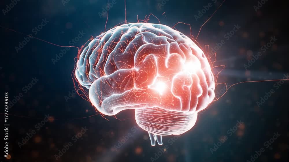Void Brain Lighting nodes on 3D brain, pulsing neural lines while rotating in ...