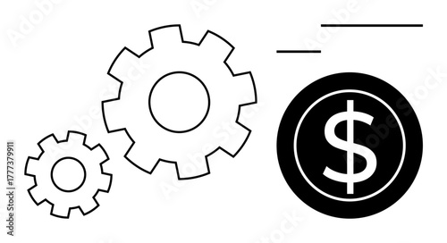 Gears progressing toward a dollar sign, signifying financial processes, efficiency, and growth. Ideal for finance, business, strategy, productivity economics operations innovation. Simple flat