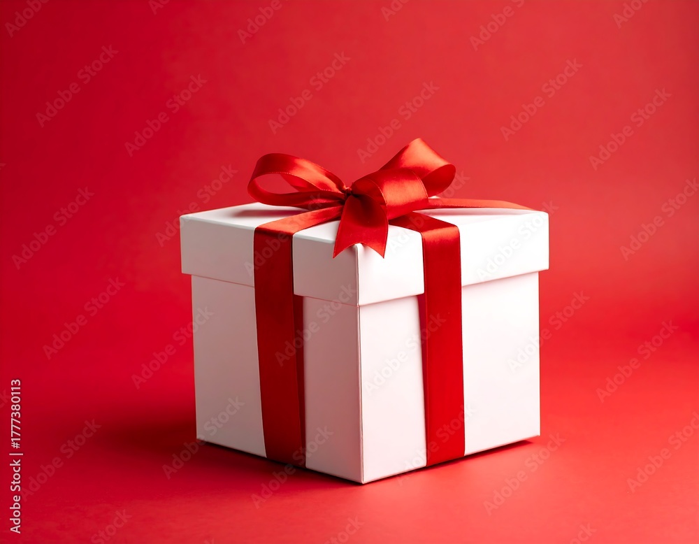 Fototapeta premium Elegant White Gift Box with Red Ribbon on Red Background.