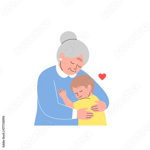 Elderly woman hugging child with affection in a simple illustration  