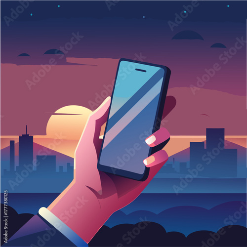 “Hand holding smartphone at sunset”