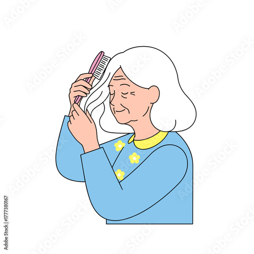 Elderly woman brushing her hair with a pink comb in a relaxed manner  