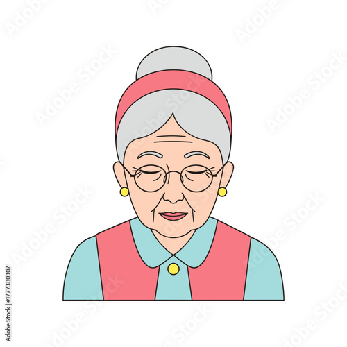 Elderly woman with closed eyes wearing glasses and a headband  