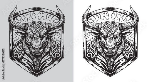 Celtic Knotwork Bull Head Crest with Crackle Texture and Shield Outline