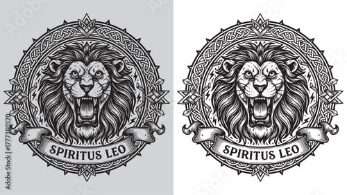 Roaring Lion Head with Celtic and Geometric Knotwork Circle and 'SPIRITUS LEO' Banner