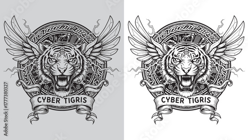 Cybernetic Tiger Head with Mechanical Elements, Wings, and 'CYBER TIGRIS' Banner