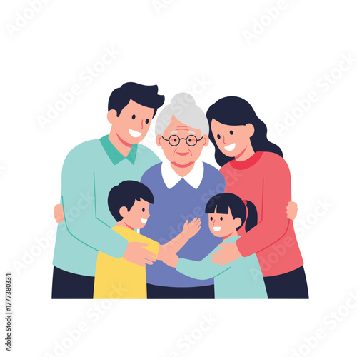 Family embracing elderly woman with glasses and joyful expressions  