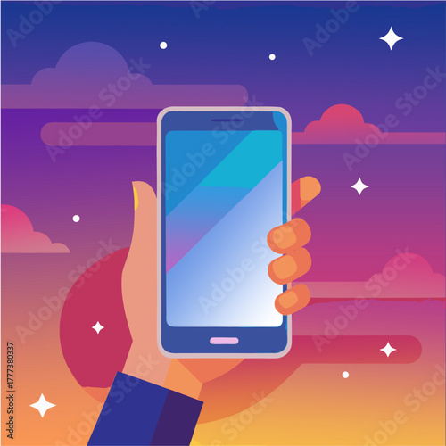 “Hand holding smartphone at sunset”