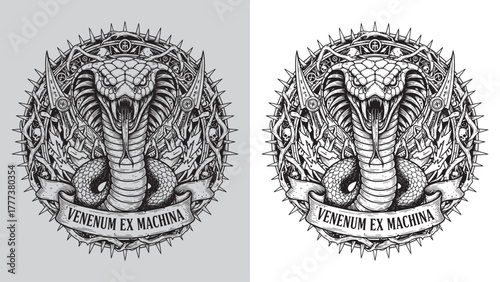 Intricate Engraving Style Cobra Serpent with Spikes and 'VENENUM EX MACHINA' Banner