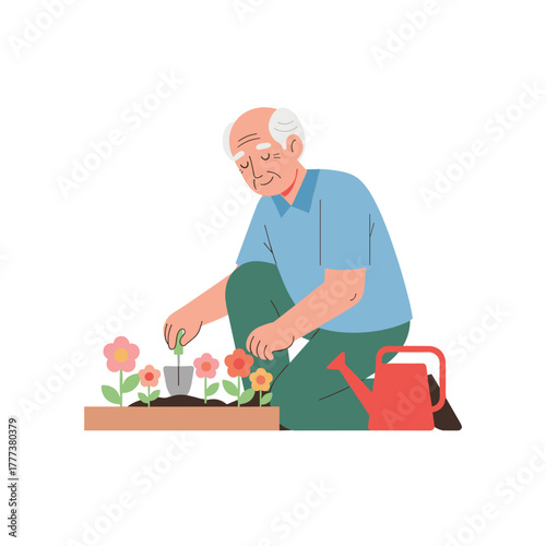 Elderly man gardening and planting flowers with watering can nearby  