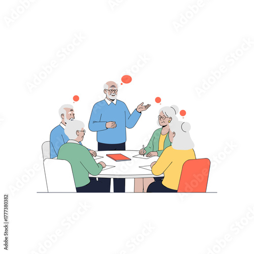 Senior man leading group discussion at table with elderly participants  