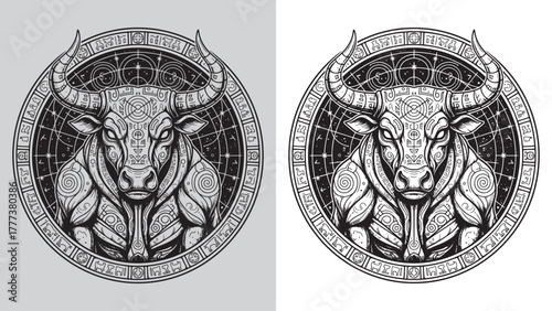 Mystical Zodiac Bull Head with Intricate Patterns and Starry Constellation Background