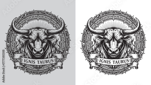 Fierce Bull Head Engraving with Fire and 'IGNIS TAURUS' Banner on Vintage Background