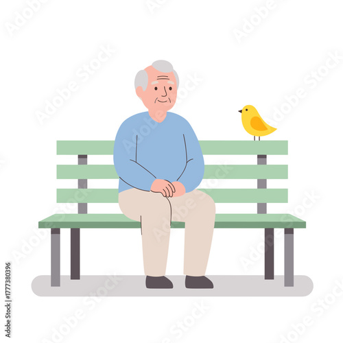 Elderly man sitting on a bench with a yellow bird beside him  