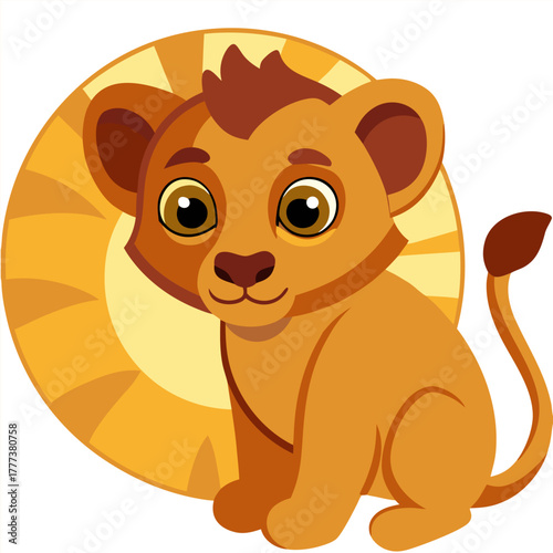 “Cute lion mother and cub relaxing by water at sunset, cartoon vector illustration”