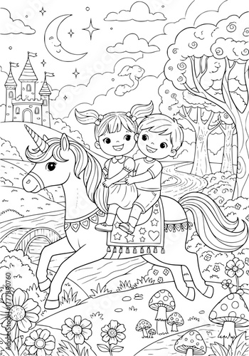 A girl and a boy ride a unicorn in a fairyland. coloring book