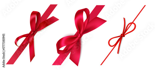 Set of diagonally decorative Christmas or New Year red bow and red ribbon isolated on white. Beautiful Valentine's day or birthday corner decoration for wrapping design. Vector stock illustration.