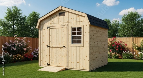 New wooden shed on lawn with garden, flowers, fence, and cloudy sky
