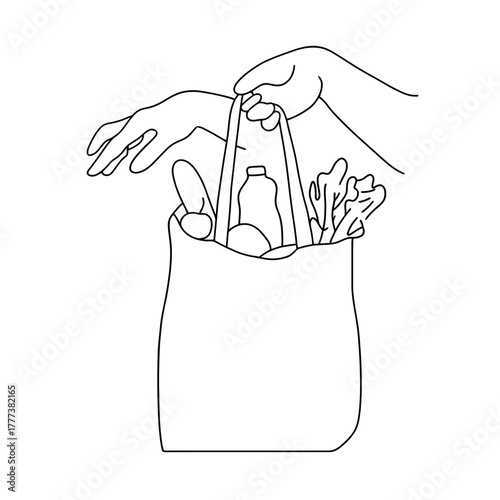 Hands holding grocery bag with assorted food items isolated on white
