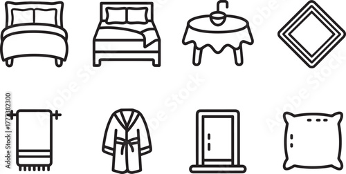Home textile icons set Household linen items bedding bath kitchen black line art symbols