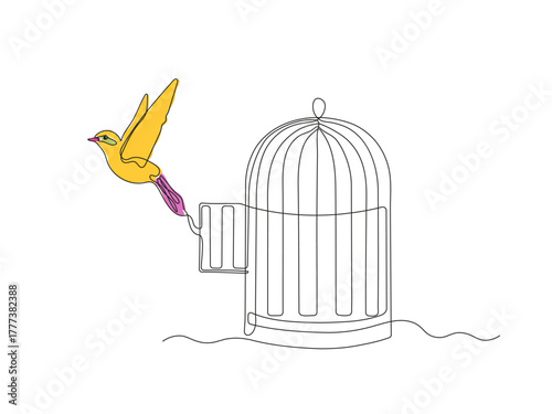 An abstract bird flies out of cage, birdcage, continuous single one line art hand drawing sketch, logo on white background