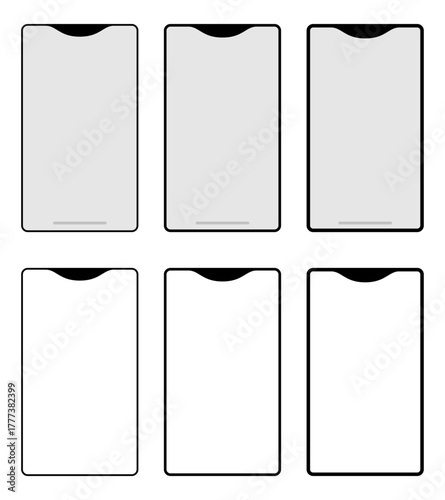 シンプルなスマホ・スマートフォンのフレーム・モックアップ・テンプレート素材　３種類の、枠・フレームの太さ　上段がスクリーン部分がグレーな背景色・下段がノッチとフレームのみ（スクリーン部分が空白・透過）　正面　セット　ベクター／透過PNG／JPEG白背景