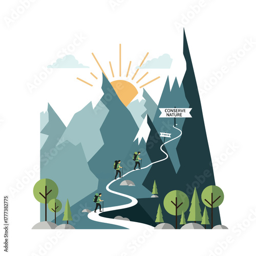 Mountain day vector landscape, hikers climbing mountains, nature conservation theme, flat minimal outdoor design